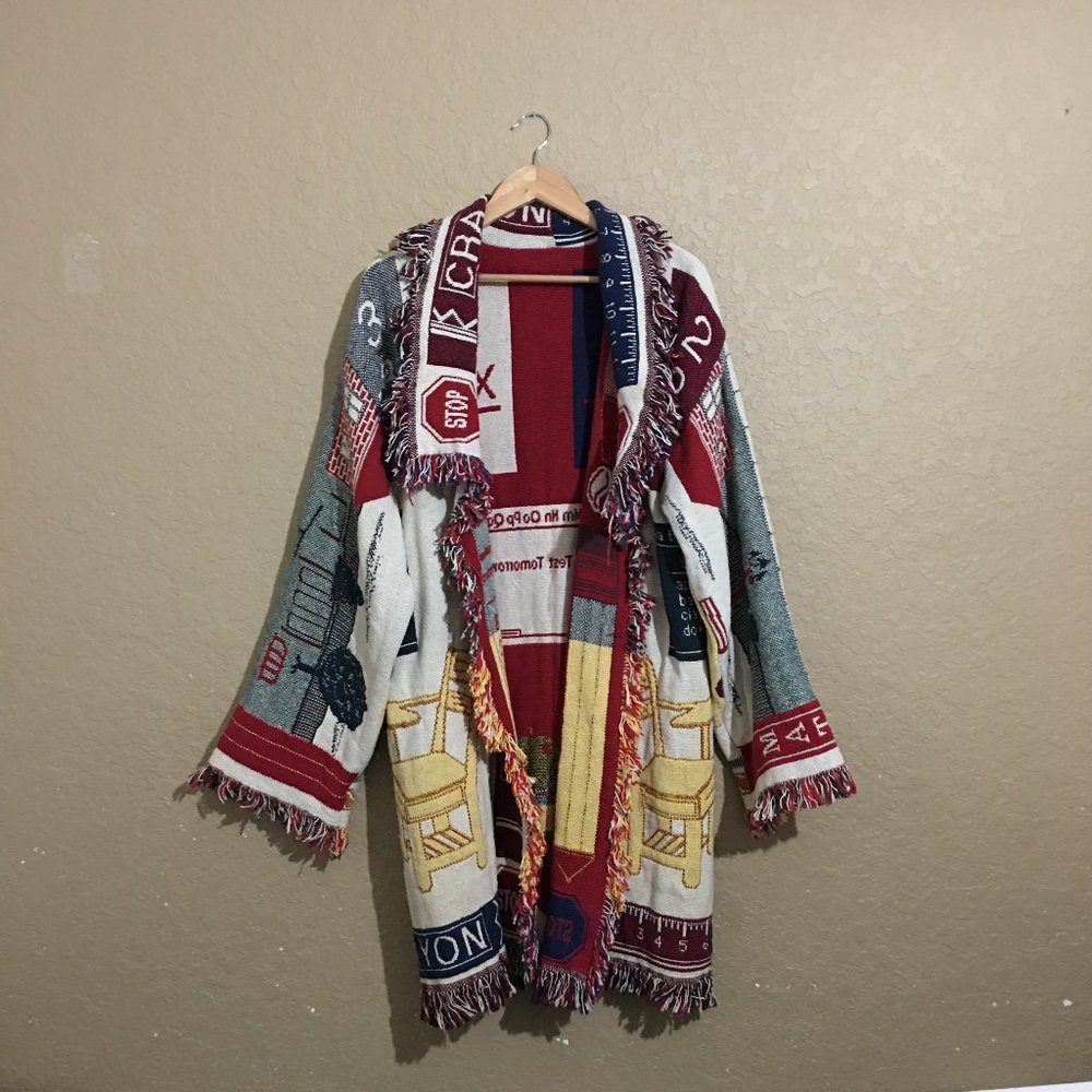 Multicolor Fringe Open-Front Cardigan Sweater - Red, Gray, Cream